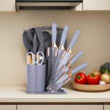 19pcs Premium Silicone Kitchen Utensil & Knife Set - Heat-Resistant, Non-Stick Safe Cooking Tools With Wooden Handles & Chef Knives - Includes Storage Stand - Perfect Gift For Juneteenth