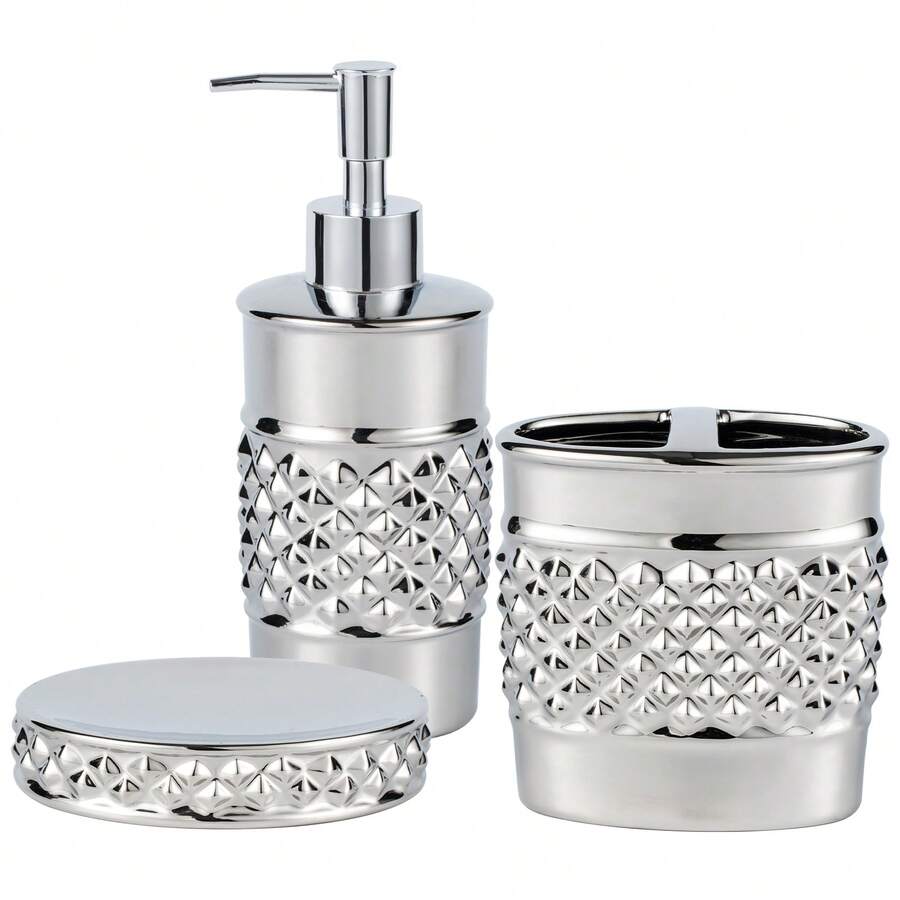 3-Piece Ceramic Bathroom Accessories Set - Luxurious Soap Dispenser, Toothbrush Holder & Soap Dish With Modern Geo Embossed Design For Bathroom Accessory Set Bathroom Accessories Bathroom Organizer Bathroom Decor Summer - 銀色 - 查看 1