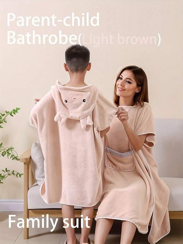 1 pieza/2 piezas Bata y capa de felpa cálida, con capucha de felpa coralina gruesa con bolsillos, absorbente y de secado rápido, para uso unisex de padres e hijos, toalla de baño de felpa gruesa, bata de baño, manta de playa