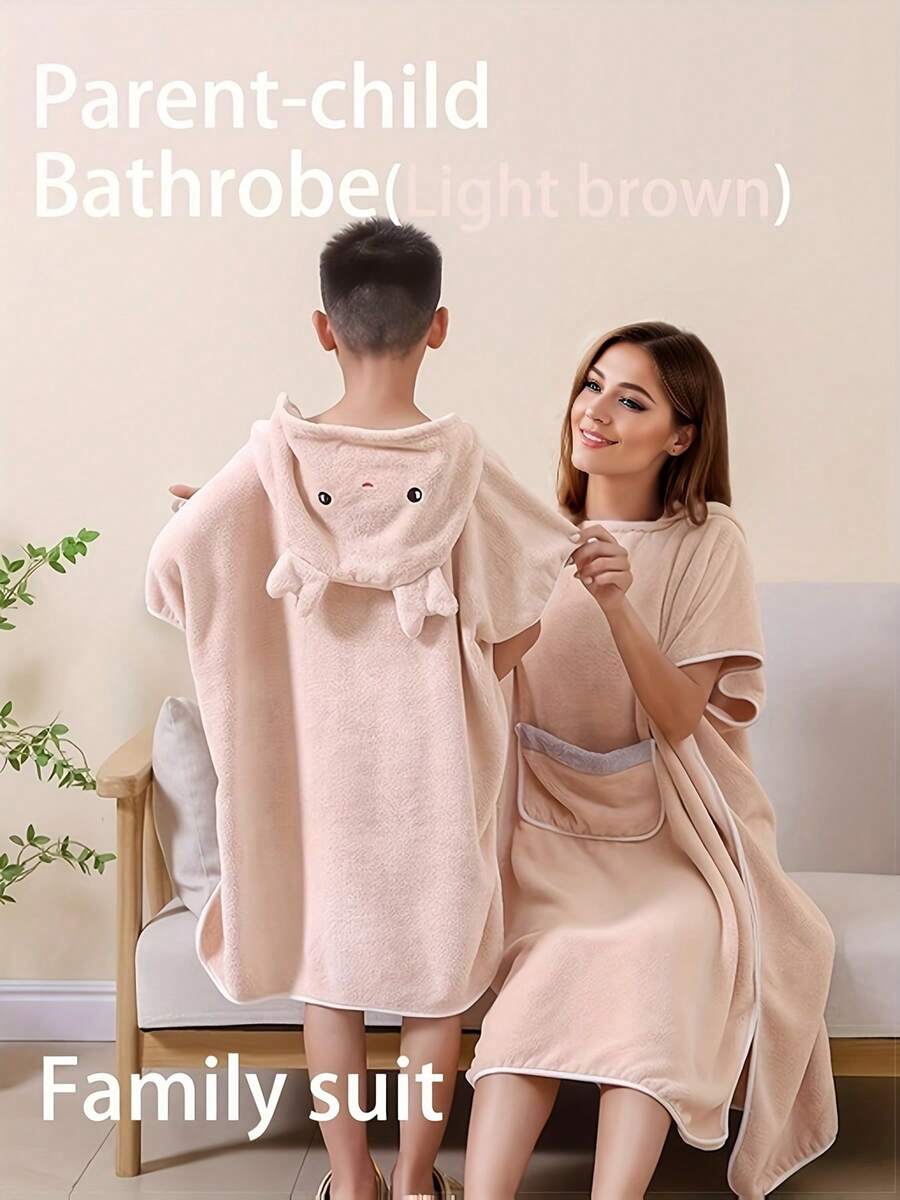 1件/2件温暖羊毛浴袍和斗篷，加厚珊瑚绒连帽带口袋，吸水速干，男女通用亲子装，加厚毛绒浴巾，浴袍，沙滩毯