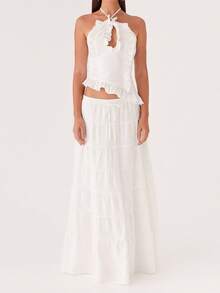 Women's 2 Piece Skirt Outfits Halter Neck Ruffle Trim Tops Long Flowy Skirt Set - 白色 - 查看 1