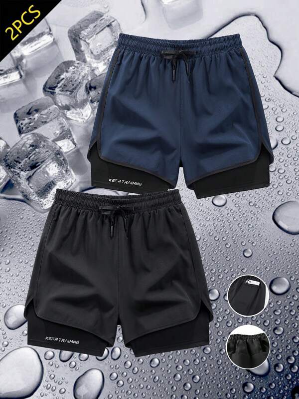 2pcs Double Layer Athletic Shorts, Loose Outer Layer And Skin-Tight Inner Lining, Breathable And Quick-Dry, Suitable For Running, Workout And Casual Wear