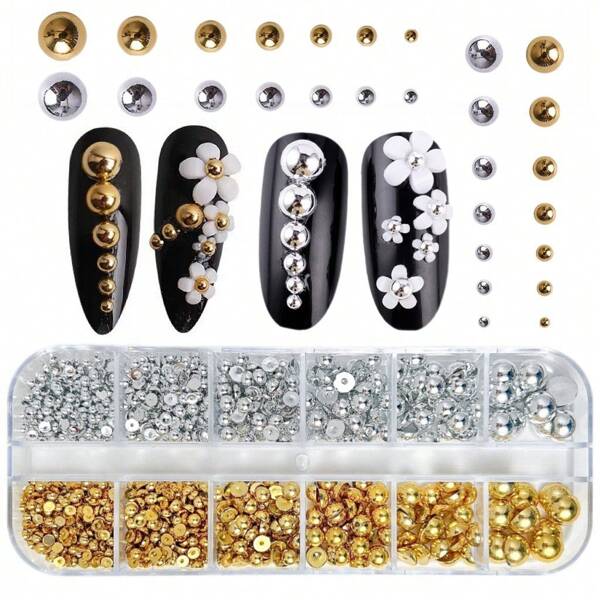 A Box Of 12 Grid Mixed Gold And Silver Semi-Circular Pearl Flat Bottom Pearl Nail Accessories DIY
