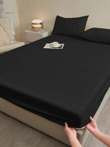 2/3pcs Solid Color Fitted Sheet Set, Bedding Set, Fitted Sheet Set, Bed Cover Set, Mattress Protector Set, Soft & Comfortable Bedroom Bedding, Deep Pocket Breathable Mattress Cover Set, Durable & Breathable Home Decor, Fits Various Bed Sizes - King, Queen, Double, Single, Includes 1/2 Pillowcase(S), Machine Washable - Black - View 9