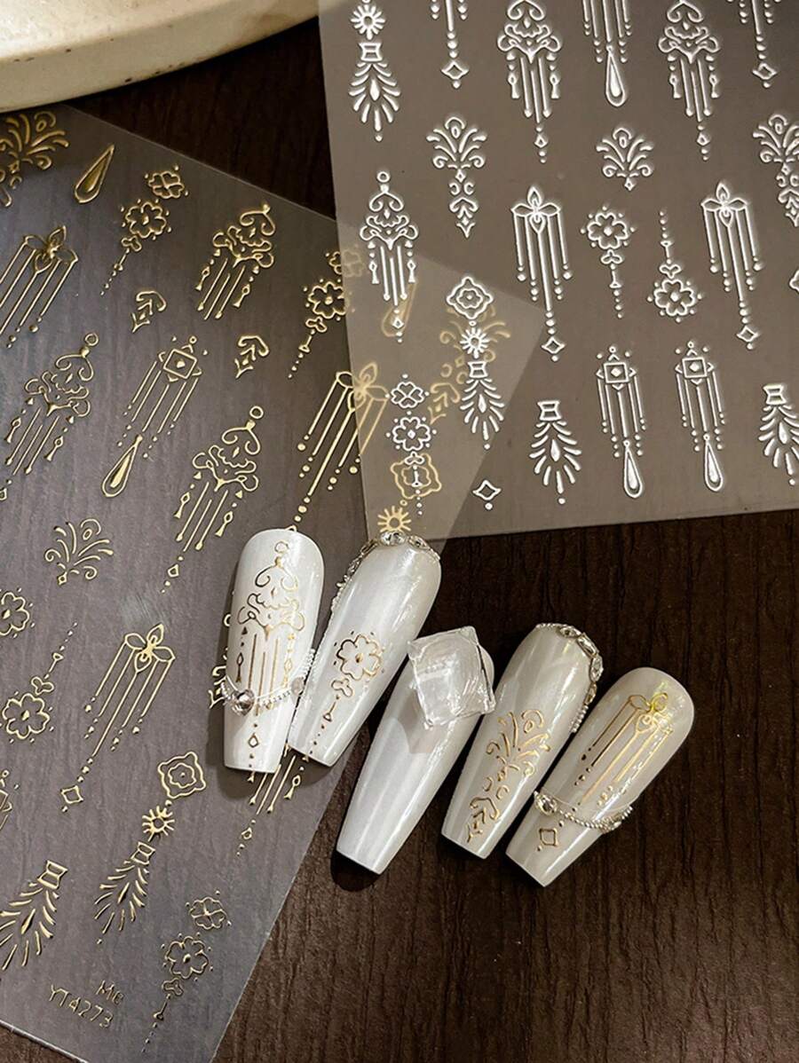 1pc Palace Style Metallic Floral Nail Art Stickers, Elegant Line Pattern 3D Luxury Nail Decals With Adhesive