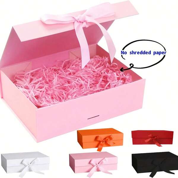 1 pieza Caja de regalo plegable con tapa abatible y lazo - Caja plegable de un solo color para joyas, cosméticos y recuerdos de fiestas