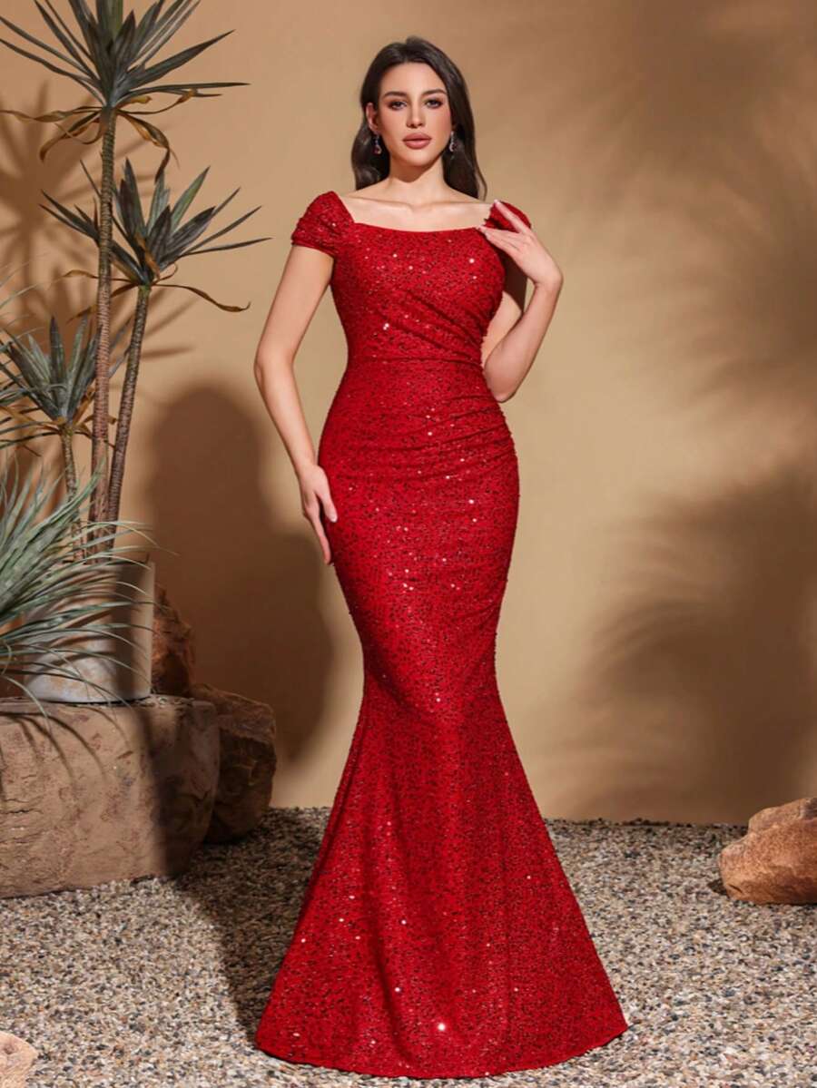 女士优雅亮片晚礼服，基本款，正式，长袍，适合婚礼宾客 - 紅色 - 查看 1