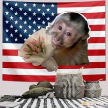1pc Funny Monkey And Tulip Tapestry With American Flag Background, Decorative Wall Hanging Suitable For Living Room, Bedroom, Office, Humorous Decor, Pet And Floral Theme, All-Season, Made Of Polyester, Comes With 3 Wall Nails And 2 Clips