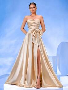 ADYCE Robe de balançoire à dos nu avec fente haute et nœud papillon structuré fait main, robe pour invité de mariage, convient aux événements formels, soirées, galas, fêtes, robe du soir, robe de soirée - Nude - Voir 1