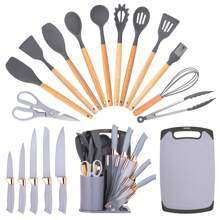 19pcs Premium Silicone Kitchen Utensil & Knife Set - Heat-Resistant, Non-Stick Safe Cooking Tools With Wooden Handles & Chef Knives - Includes Storage Stand - Perfect Gift For Juneteenth