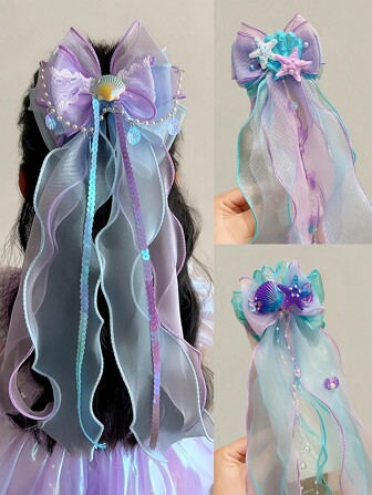 1 件女孩美人鱼贝壳、海星、珍珠和流苏发夹蝴蝶结头饰，多功能公主发饰适合派对、婚礼、表演、公主礼物