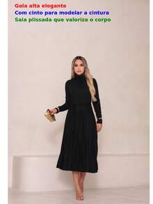 Poncho Dress Lanzinha Pleated Skirt Women's Fashion High Neck With Belt Long Sleeve Winter - 黑色 - 查看 4