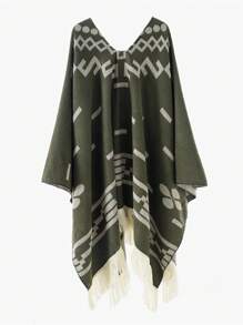 1pc Men's Geometric Pattern Tasseled Poncho Cape Shawl, Warm Outerwear Shawl