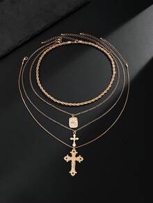 4pcs Vintage Chic Geometric Metal Cross Pendant Necklace Set, Multilayer Charm Necklaces For Men - Yellow Gold - View 8