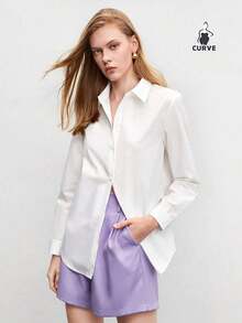 QIANZHIDU Plus Size Plain Front Button Up Long Sleeve Blouse, Elegant For Commuting