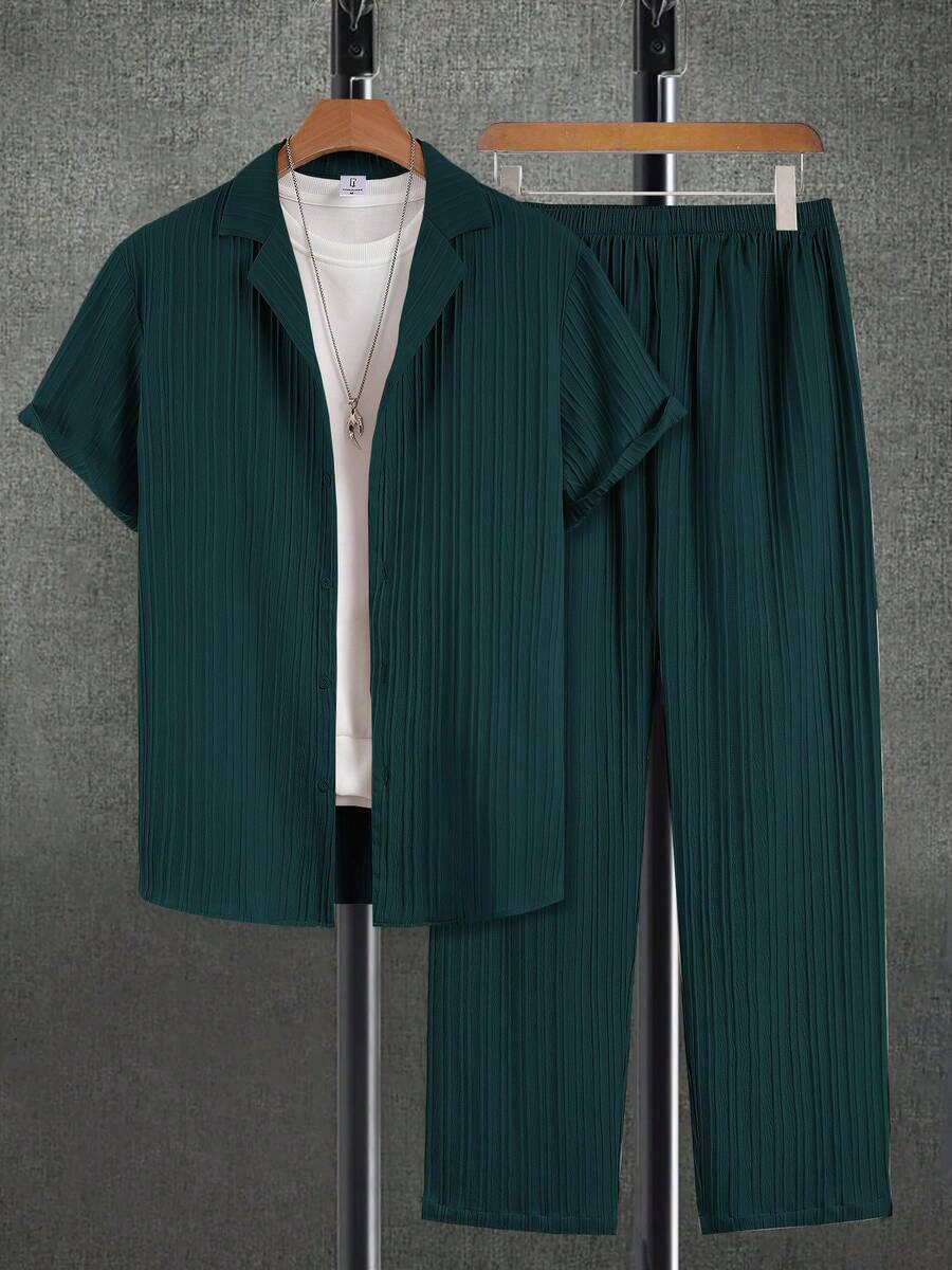 男士纹理波纹条纹短袖T恤和裤子家居服套装 - 墨綠色 - 查看 1