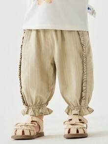 mini bala Girls' Long Pants Children's Soft Breathable Sweet Ruffled Flower Pants - Dark Khaki - View 1
