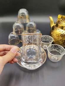 12 Peças Conjunto de Xícaras de Café de Vidro, Jogos de Chá. Lavagem Manual Apenas Cerâmica, Reutilizável, Isolado, Multiuso, Utensílios de Bebida com Padrão Dourado, Decoração de Cozinha Vintage. Xícaras Minúsculas Europeias Árabes para Adultos, Amantes de Chá, Amantes de Café, Mulheres, Homens. Xícaras de Chá Perfeitas para Restaurantes, Banquetes, Festas, Casamentos, Festivais, Aniversários, Entretenimento de Convidados - Cor transparente - Visão 9