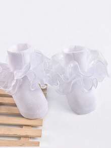 1 Pair Girls' Ruffle Trim Mid Calf Socks, Simple Casual Solid Color Socks For Daily Wear - White - View 2
