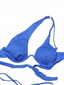 Miss Miriam, Traje de Baño de Dos Piezas,  Liso  Elegante    Cruzado  Nudo      Playa  Primavera - Verano - Azul Marino - Ver 3