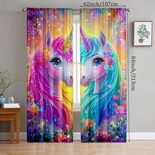 Set de 2 cortinas con estampado de unicornio mágico y flores - Vibrante arcoíris y estrellas brillantes, 100% poliéster, adecuado para dormitorio, sala de estar, decoración del hogar