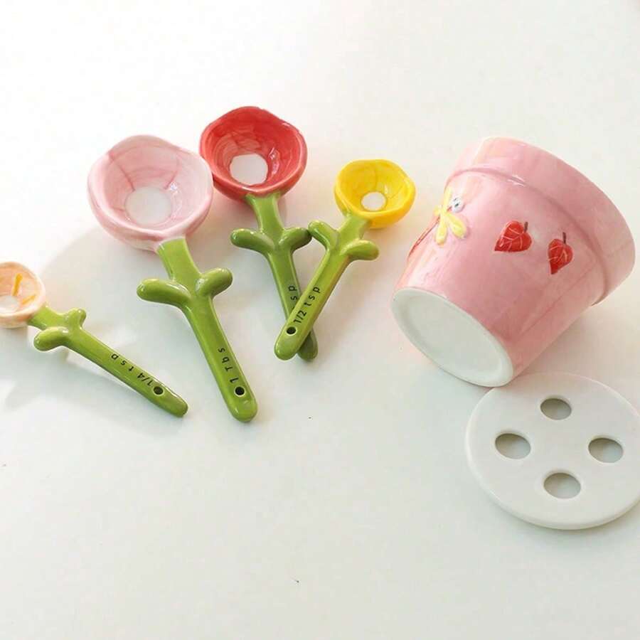 5pcs/Set Ceramic Flower Measuring Cup Set - Baking Tool With Storage Base, Household Kitchen Salt/Sugar Seasoning Small Spoons