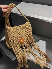 Fabric Zipper High Quality Crossbody Bag Flower Solid Color Stylish Versatile Shoulder Bag Soft Fashion Designer Handbag Summer Shoulder Bag For Women Handmade Tassel Beach Bags Woven Handbags Vacation Shoulder Crossbody Bags New Gift - Camel - View 4