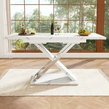 Mesa de comedor extensible con tablero robusto de MDF y marco de metal, mesa de comedor con patas cruzadas doradas - Blanco - Ver 2