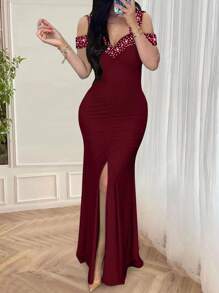 Rhinestone Embellished Open Shoulder Ruched Front Slit Bodycon Mini Dress, Party Dress, Prom Dress