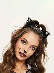 2 st/set Halloween svart kattöronhuvudband + svans kostymtillbehör set - Svart - Visa 4