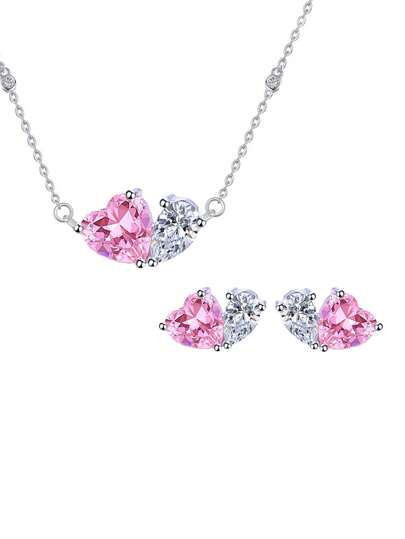 1 set de joyería de plata de ley 925 con colgante con forma de corazón y pendientes con circonita cúbica rosa brillante, juego de joyas finas para mujer, regalo romántico para aniversario/Día de San Valentín