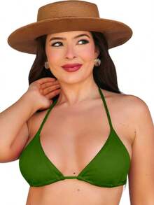 Bikini Set Thong With Ribbon And Triangle Top Made Of Micro Polyester Fiber - Olive Green - View 6