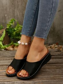 Elegant Women's Wedge Shaped Slippers And Sandals, Buckle Decoration Outdoor Sandals, Fashionable, Comfortable, Elegant, Casual, Beach, Wedge Shaped, Thick Soled Sandals, Plus Size - Black - View 5