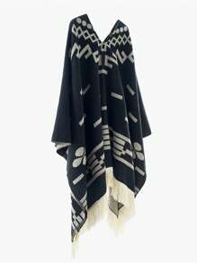 1pc Men's Geometric Pattern Tasseled Poncho Cape Shawl, Warm Outerwear Shawl