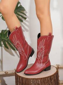 Fall/Winter 2025 Women's New Vintage American Style Embroidered Leather Pointed Toe Western Boots Women's Burgundy Leather Chic High Top Boots Women's High Heel Chunky Heel Riding Boots Women's Fashionable Punk Style Chelsea Boots,Cowboy Boots