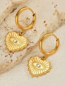 Stainless Steel Gold Color Crystal Rhinestone Heart & Eyes Design Women Earrings, Vacation Style Jewelry - Gold - View 1