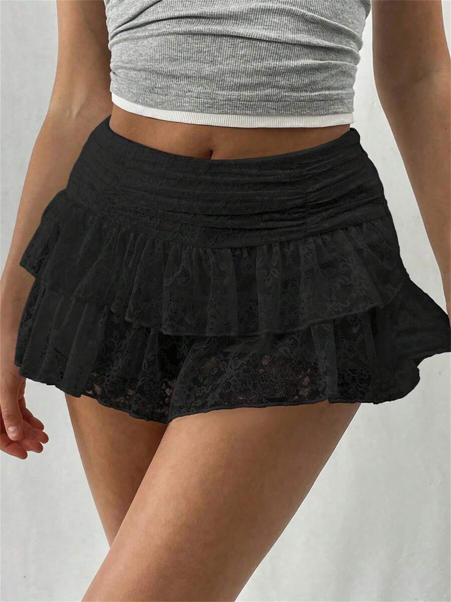Women's Halloween Lace Floral Skirt High Rise Tiered Ruffled Flowy Short Mini A Line Skirt Streetwear - màu đen - Xem 1