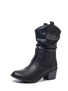 Black Fringe Rivets Pleated Round Toe Mid-Heel Casual Versatile Riding Boots, Commuter Style For Autumn/Winter - Black - View 7