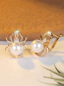 1 par de exquisitos pendientes dorados de araña con circonita cúbica blanca y perla falsa, un regalo de joyería para mujeres y niñas, regalo de cumpleaños