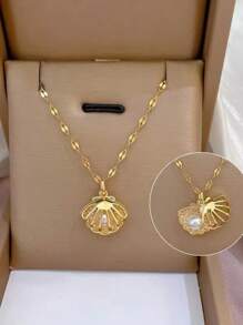 1pc 18K Gold Plated Stainless Steel Hollow Shell Pearl Pendant Necklace For Women Party
