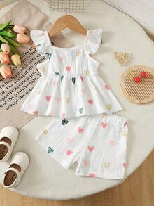 Girls' Summer Casual 2Pcs Set - Cap Sleeve Heart Print Top + Shorts, Comfortable And Versatile - White - View 7