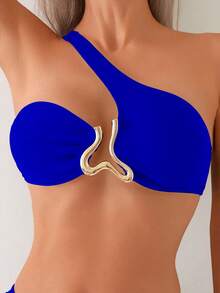 Bikini sexy da donna con un solo spallino e decorazione in metallo in 2 pezzi, costume da bagno alla moda per vacanze in spiaggia