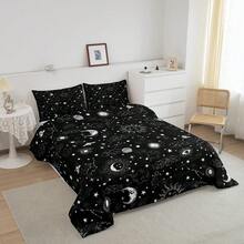 Castle Fairy Sun And Moon Bedding Set Twin/Full/Queen Size,Black And White Starry Galaxy Comforter For Adult,Boho Hippie Constellation Bedding Decor Duvet Insert,Twin Only 1 Pillowcase,Queen Size 2 Pillowcases - 黑色 - 查看 2
