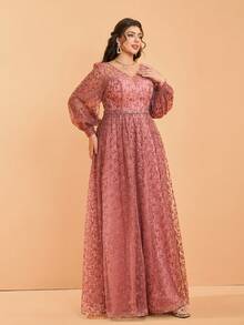 (无特定花型) V领透视长款灯笼袖喇叭下摆高端晚礼服 - 紅木色 - 查看 5