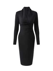 Bernatova 女士黑色V领长袖褶皱绷带派对连衣裙，优雅鸡尾酒会正式礼服，适合生日、婚礼宾客、毕业典礼、晚宴、返校节等场合。 - 黑色 - 查看 10