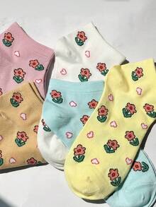 5 Pairs Women's Multicolor Floral & Heart Print Soft Breathable Daily Wear Short Socks - Multicolor - View 4