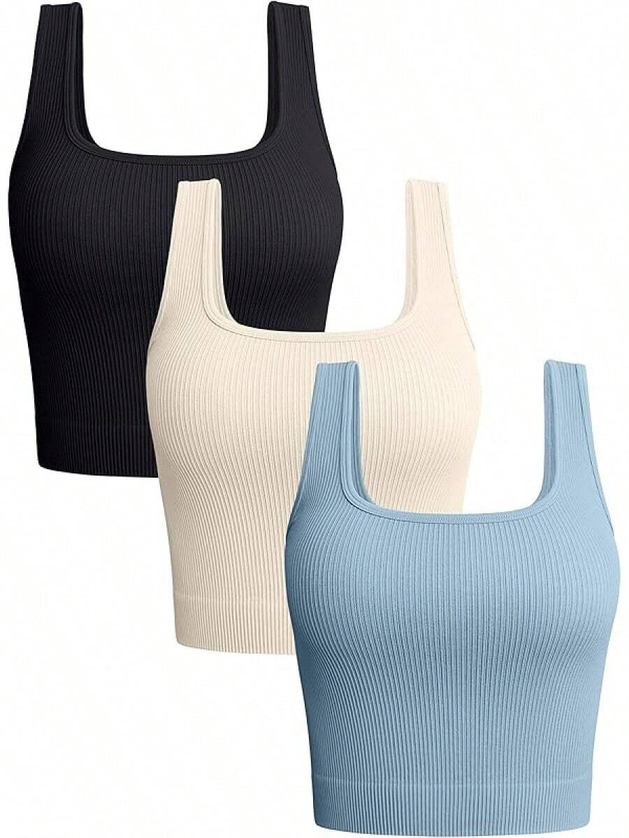 OQQ Women's 3 Piece Tank Tops Ribbed Seamless Workout Exercise Shirts 2025 Summer Basic Camis - Black - View 1