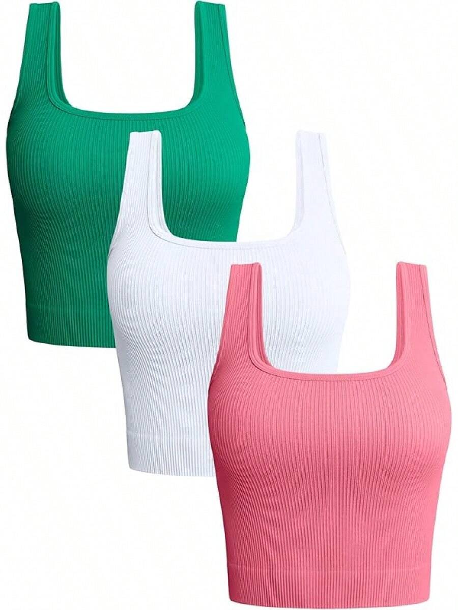 OQQ Women's 3 Piece Tank Tops Ribbed Seamless Workout Exercise Shirts 2025 Summer Basic Camis - Green - View 1