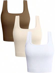 OQQ Women's 3 Piece Tank Tops Ribbed Seamless Workout Exercise Shirts 2025 Summer Basic Camis - Coffee Beige White - View 1