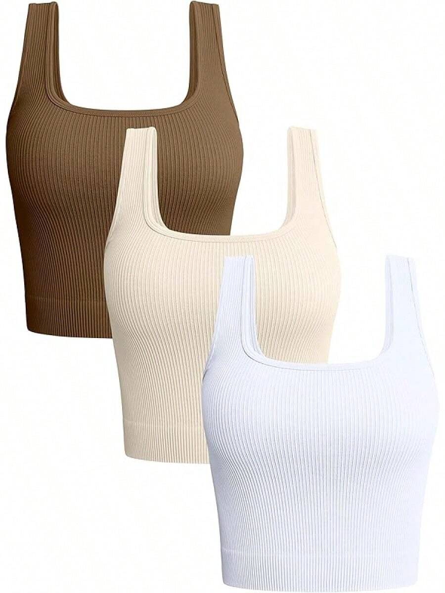 OQQ Women's 3 Piece Tank Tops Ribbed Seamless Workout Exercise Shirts 2025 Summer Basic Camis - Coffee Beige White - View 1